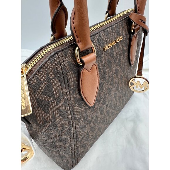 Michael Kors Brown Monogram Medium Satchel With Gold Hardware & Dual Handles - Picture 9 of 11